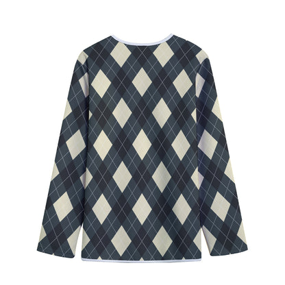 Spruce Blue And Beige Argyle Print Long Sleeve Short Coat