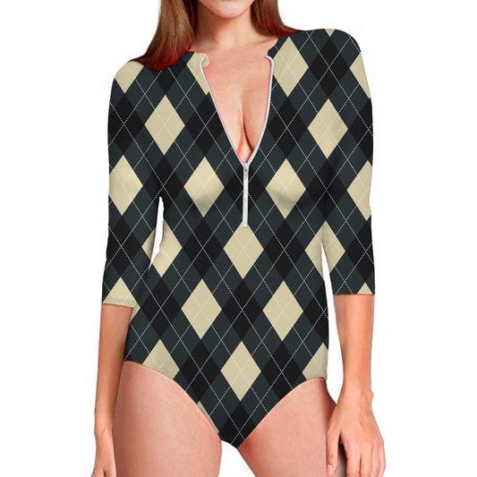 Spruce Blue And Beige Argyle Print Long Sleeve Swimsuit