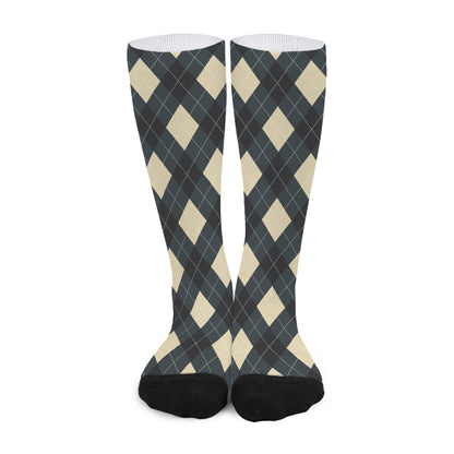Spruce Blue And Beige Argyle Print Long Socks