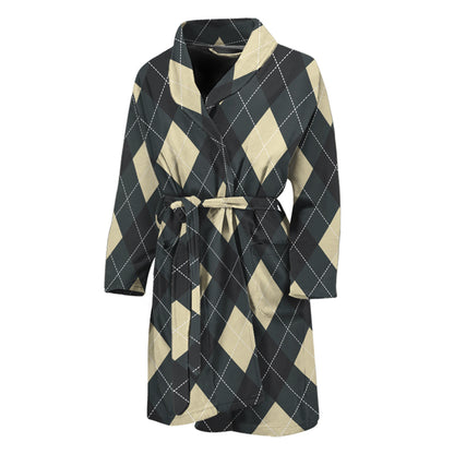 Spruce Blue And Beige Argyle Print Men's Bathrobe