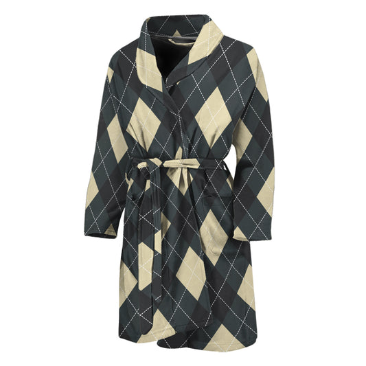 Spruce Blue And Beige Argyle Print Men's Bathrobe