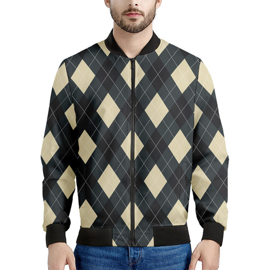Spruce Blue And Beige Argyle Print Men's Bomber Jacket