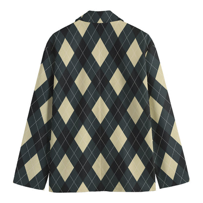 Spruce Blue And Beige Argyle Print Men's Cotton Blazer