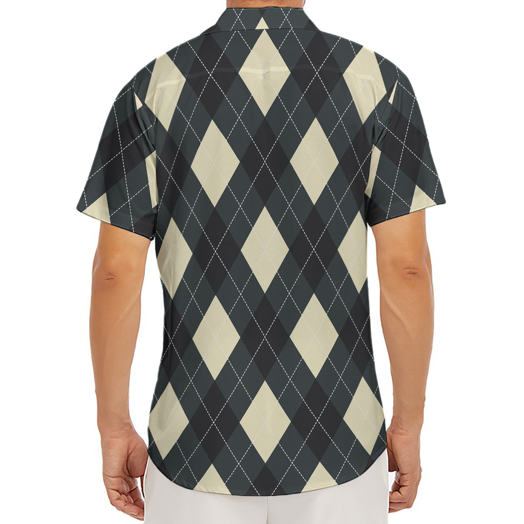 Spruce Blue And Beige Argyle Print Men's Deep V-Neck Shirt