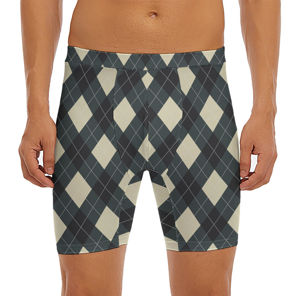 Spruce Blue And Beige Argyle Print Men's Long Boxer Briefs