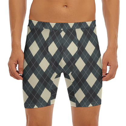 Spruce Blue And Beige Argyle Print Men's Long Boxer Briefs