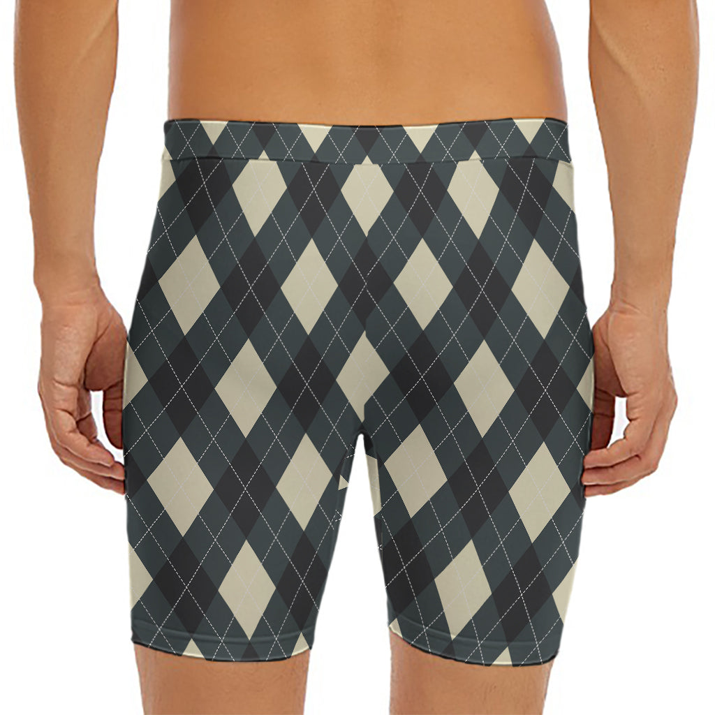 Spruce Blue And Beige Argyle Print Men's Long Boxer Briefs