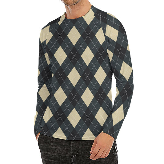 Spruce Blue And Beige Argyle Print Men's Long Sleeve Rash Guard