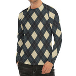 Spruce Blue And Beige Argyle Print Men's Long Sleeve Rash Guard