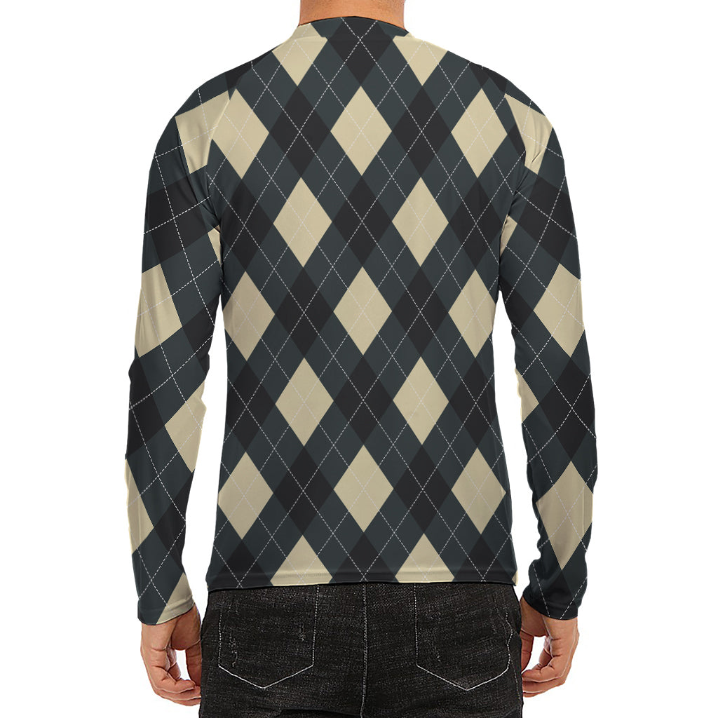 Spruce Blue And Beige Argyle Print Men's Long Sleeve Rash Guard