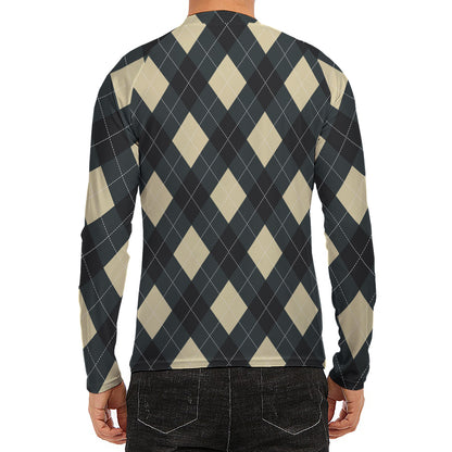 Spruce Blue And Beige Argyle Print Men's Long Sleeve Rash Guard