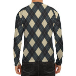 Spruce Blue And Beige Argyle Print Men's Long Sleeve Rash Guard