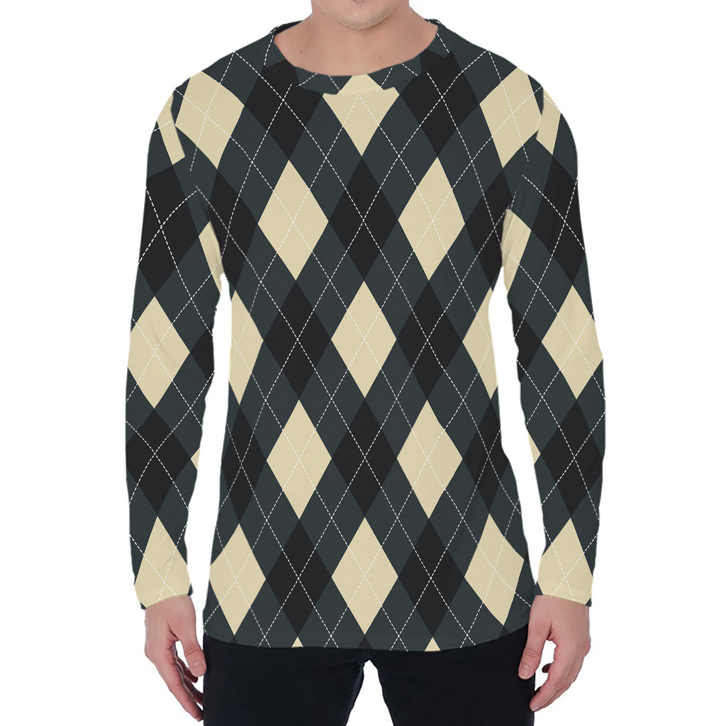 Spruce Blue And Beige Argyle Print Men's Long Sleeve T-Shirt