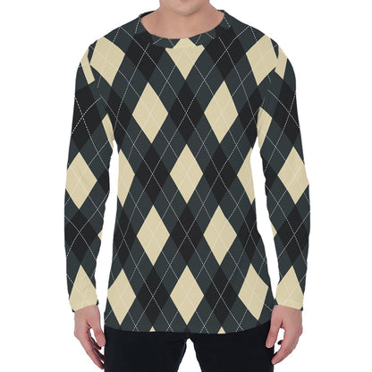Spruce Blue And Beige Argyle Print Men's Long Sleeve T-Shirt