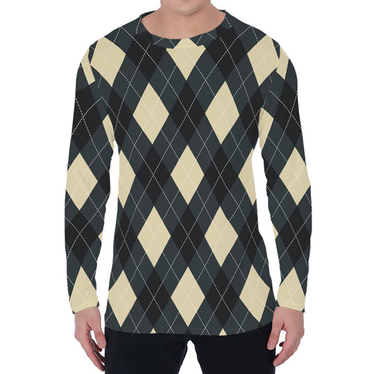 Spruce Blue And Beige Argyle Print Men's Long Sleeve T-Shirt