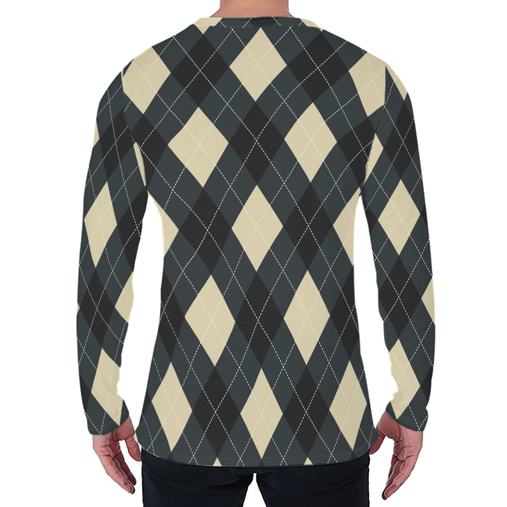 Spruce Blue And Beige Argyle Print Men's Long Sleeve T-Shirt