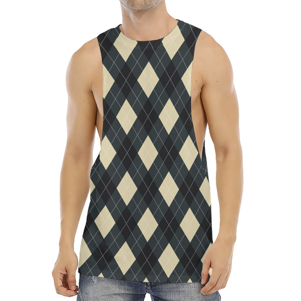 Spruce Blue And Beige Argyle Print Men's Muscle Tank Top
