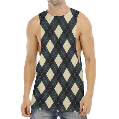 Spruce Blue And Beige Argyle Print Men's Muscle Tank Top