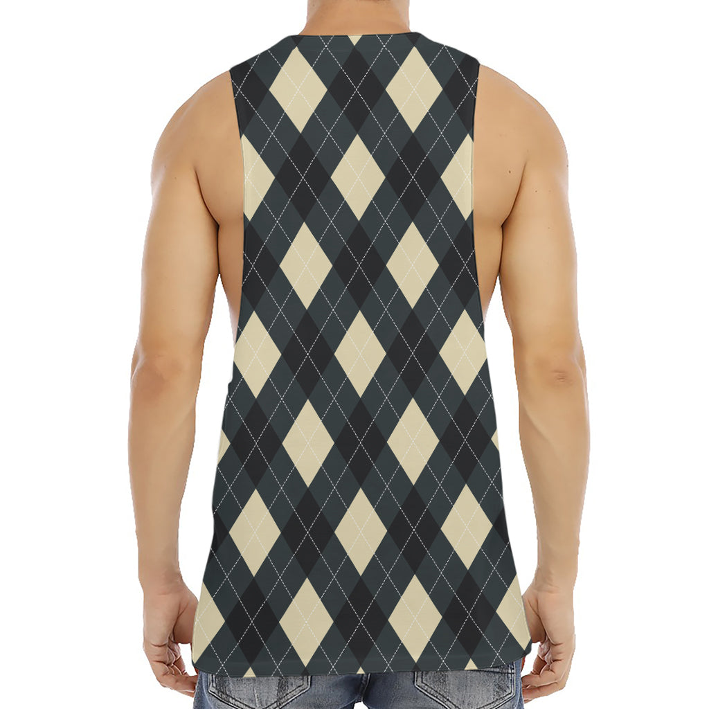 Spruce Blue And Beige Argyle Print Men's Muscle Tank Top