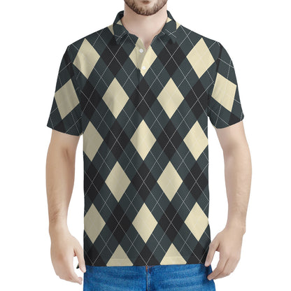 Spruce Blue And Beige Argyle Print Men's Polo Shirt