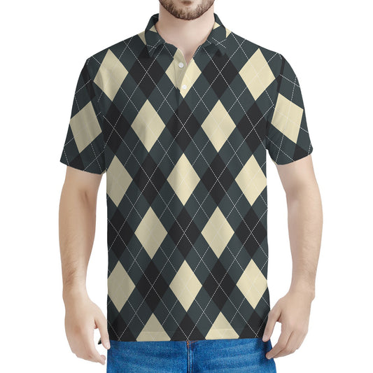 Spruce Blue And Beige Argyle Print Men's Polo Shirt