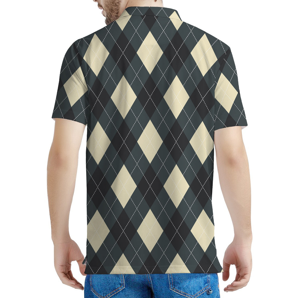 Spruce Blue And Beige Argyle Print Men's Polo Shirt