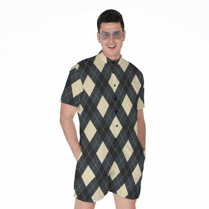 Spruce Blue And Beige Argyle Print Men's Rompers
