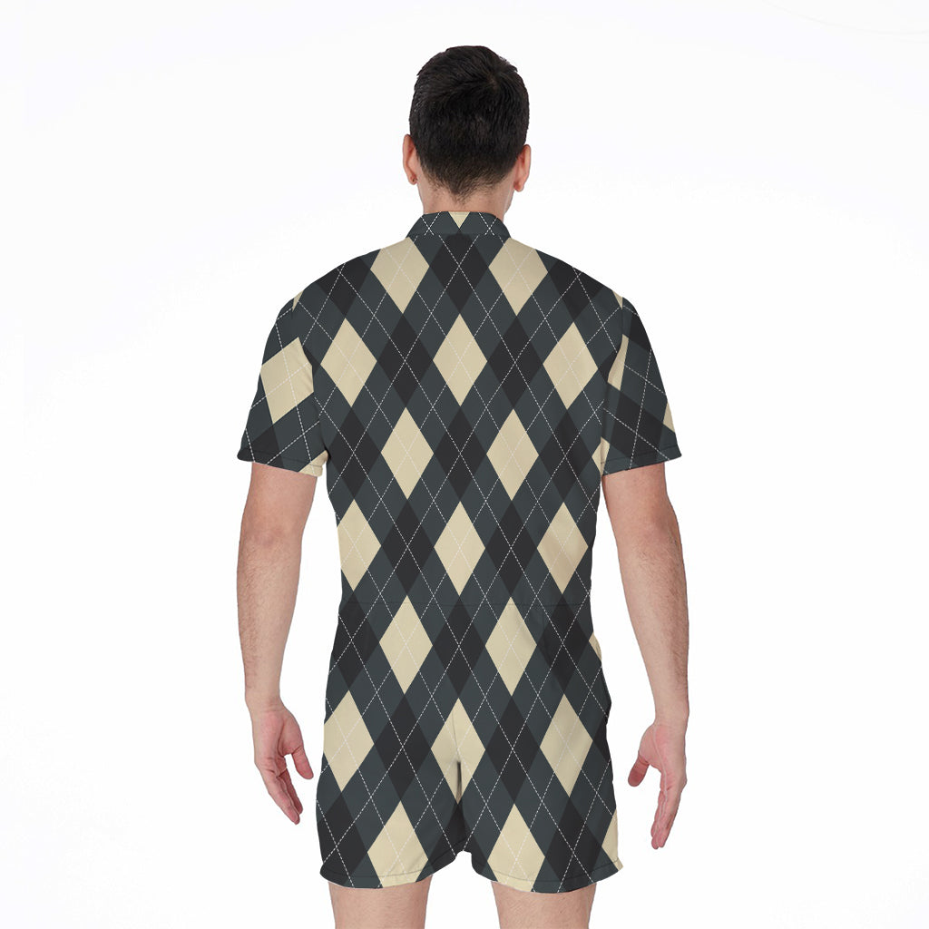 Spruce Blue And Beige Argyle Print Men's Rompers