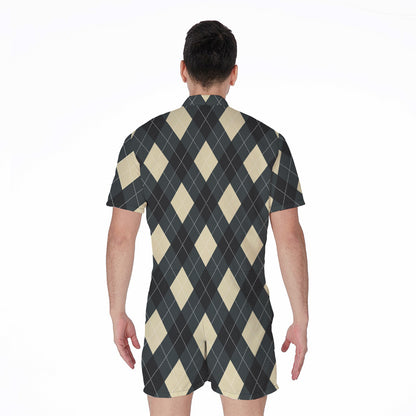 Spruce Blue And Beige Argyle Print Men's Rompers