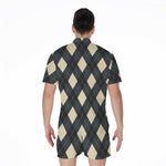 Spruce Blue And Beige Argyle Print Men's Rompers
