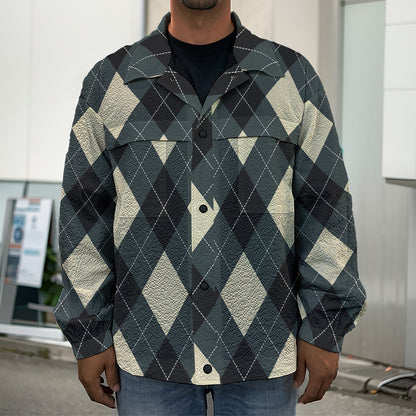 Spruce Blue And Beige Argyle Print Men's Shirt Jacket