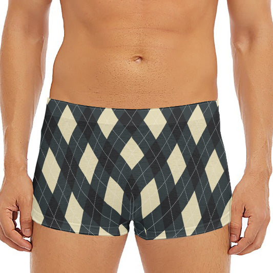 Spruce Blue And Beige Argyle Print Men's Short Boxer Briefs