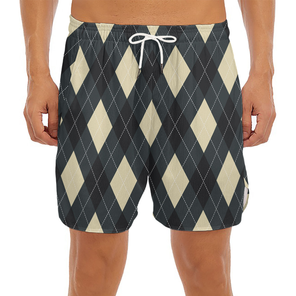 Spruce Blue And Beige Argyle Print Men's Split Running Shorts
