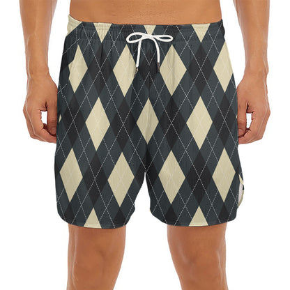 Spruce Blue And Beige Argyle Print Men's Split Running Shorts