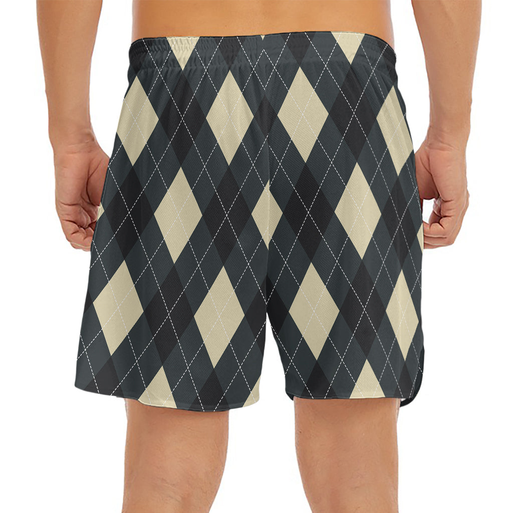 Spruce Blue And Beige Argyle Print Men's Split Running Shorts