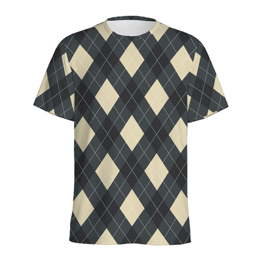 Spruce Blue And Beige Argyle Print Men's Sports T-Shirt