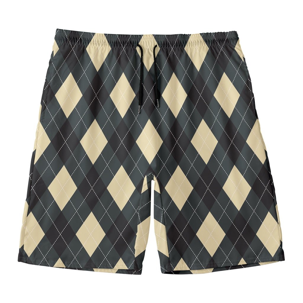 Spruce Blue And Beige Argyle Print Men's Swim Trunks
