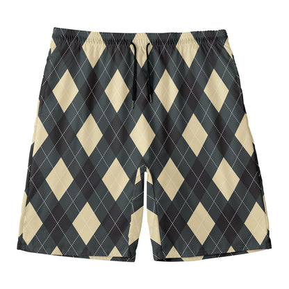 Spruce Blue And Beige Argyle Print Men's Swim Trunks