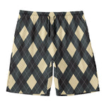 Spruce Blue And Beige Argyle Print Men's Swim Trunks