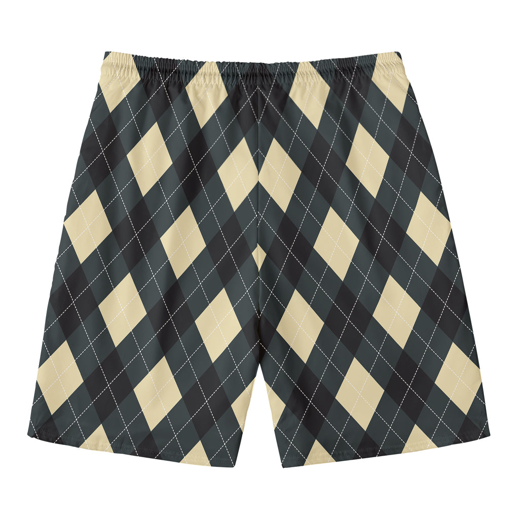 Spruce Blue And Beige Argyle Print Men's Swim Trunks