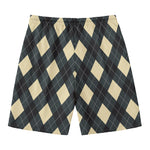 Spruce Blue And Beige Argyle Print Men's Swim Trunks