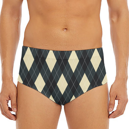 Spruce Blue And Beige Argyle Print Men's Triangle Swim Briefs
