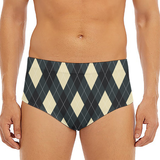 Spruce Blue And Beige Argyle Print Men's Triangle Swim Briefs
