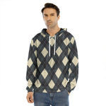 Spruce Blue And Beige Argyle Print Men's Velvet Pullover Hoodie