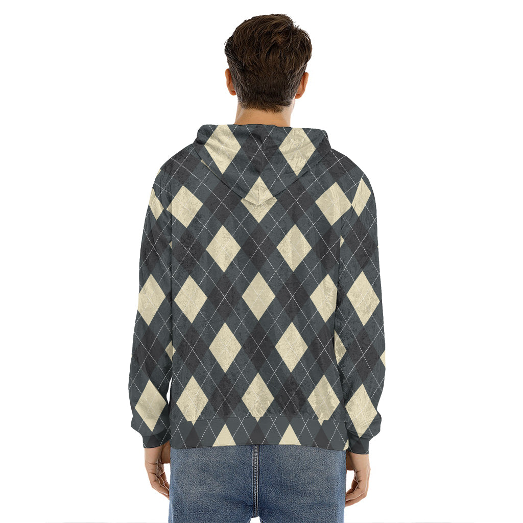 Spruce Blue And Beige Argyle Print Men's Velvet Pullover Hoodie