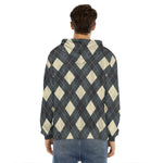 Spruce Blue And Beige Argyle Print Men's Velvet Pullover Hoodie