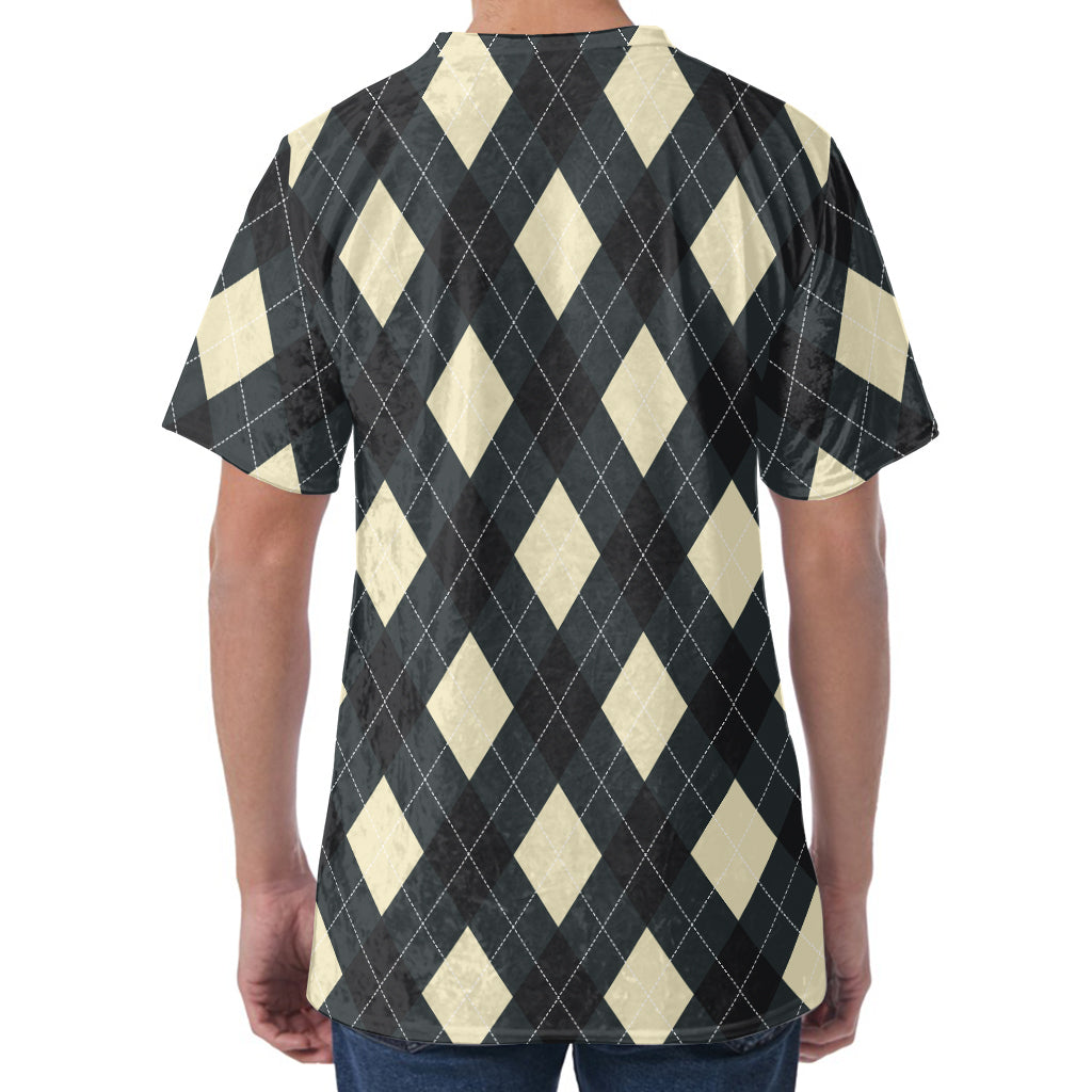 Spruce Blue And Beige Argyle Print Men's Velvet T-Shirt
