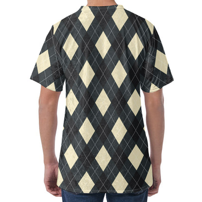 Spruce Blue And Beige Argyle Print Men's Velvet T-Shirt