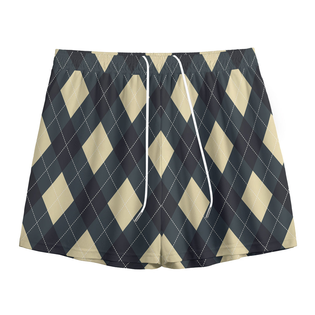 Spruce Blue And Beige Argyle Print Mesh Shorts