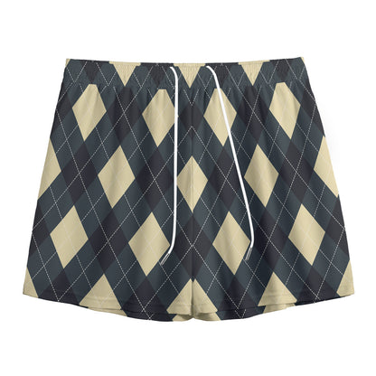 Spruce Blue And Beige Argyle Print Mesh Shorts